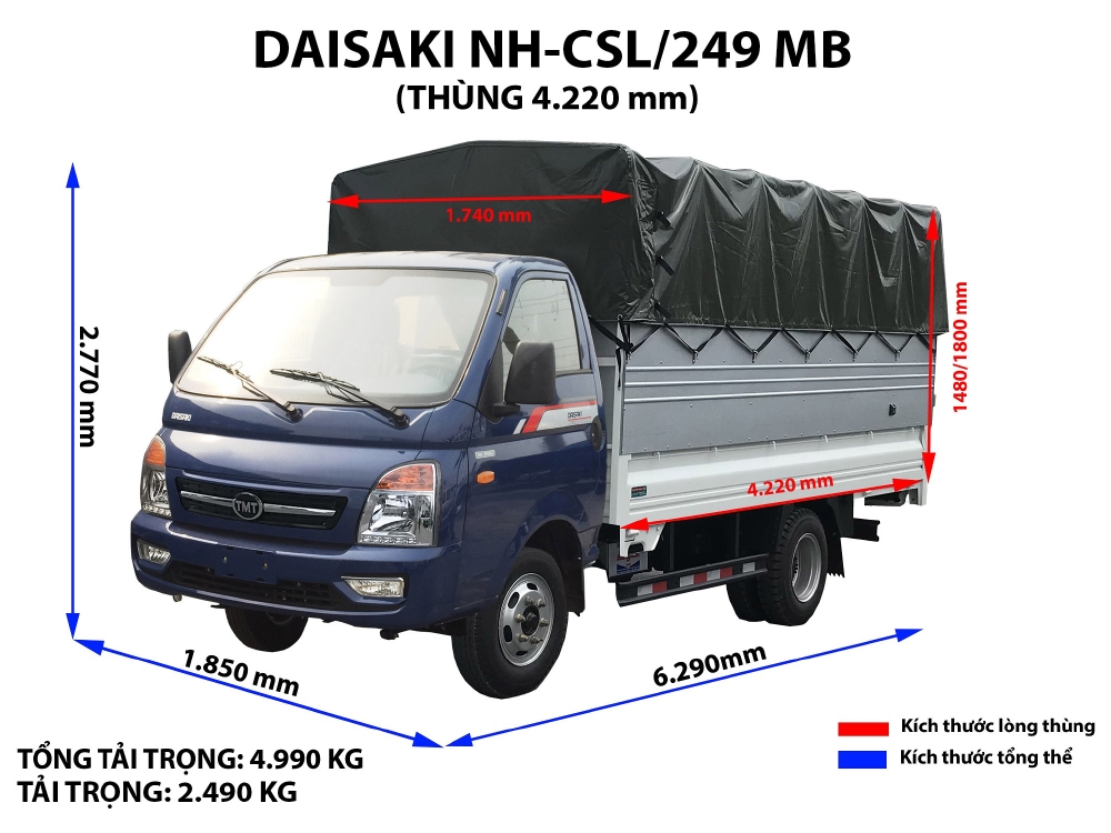 xe tải daisaki 2t5 thùng phủ bạc