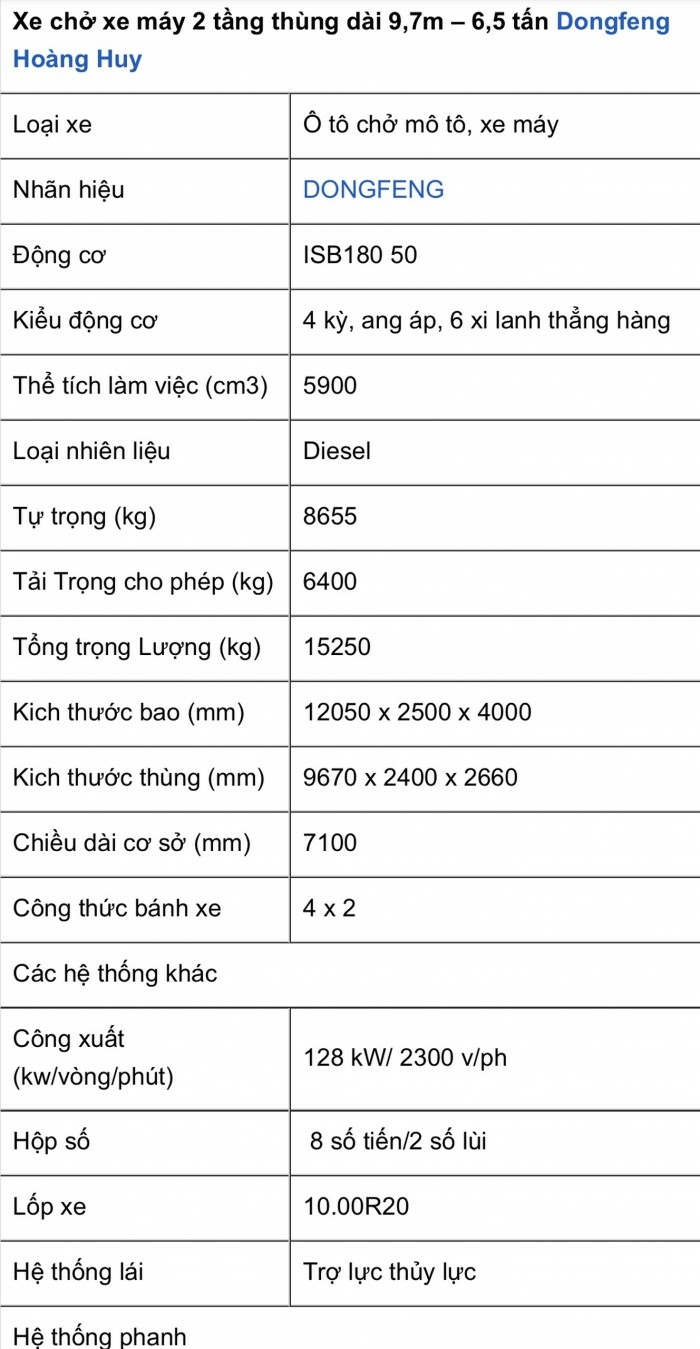 Báo giá xe Tải Dongfeng B180, Thùng Chở Xe Máy